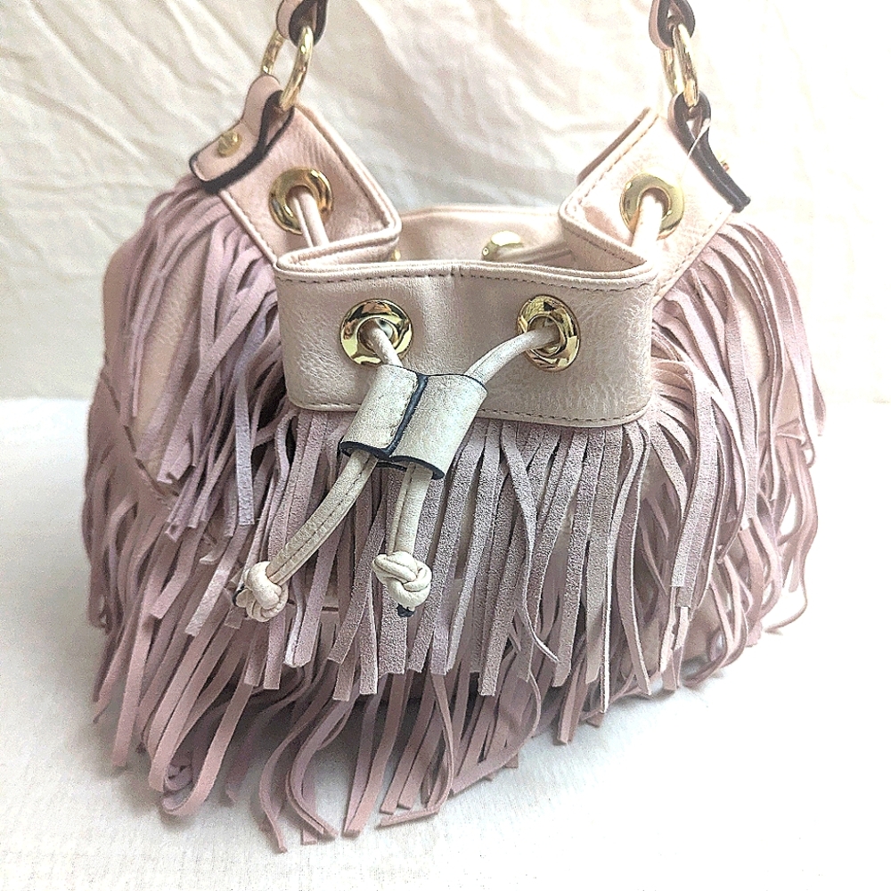 Expressions NYC Fringe Light Mauve Faux Leather Hobo Bag